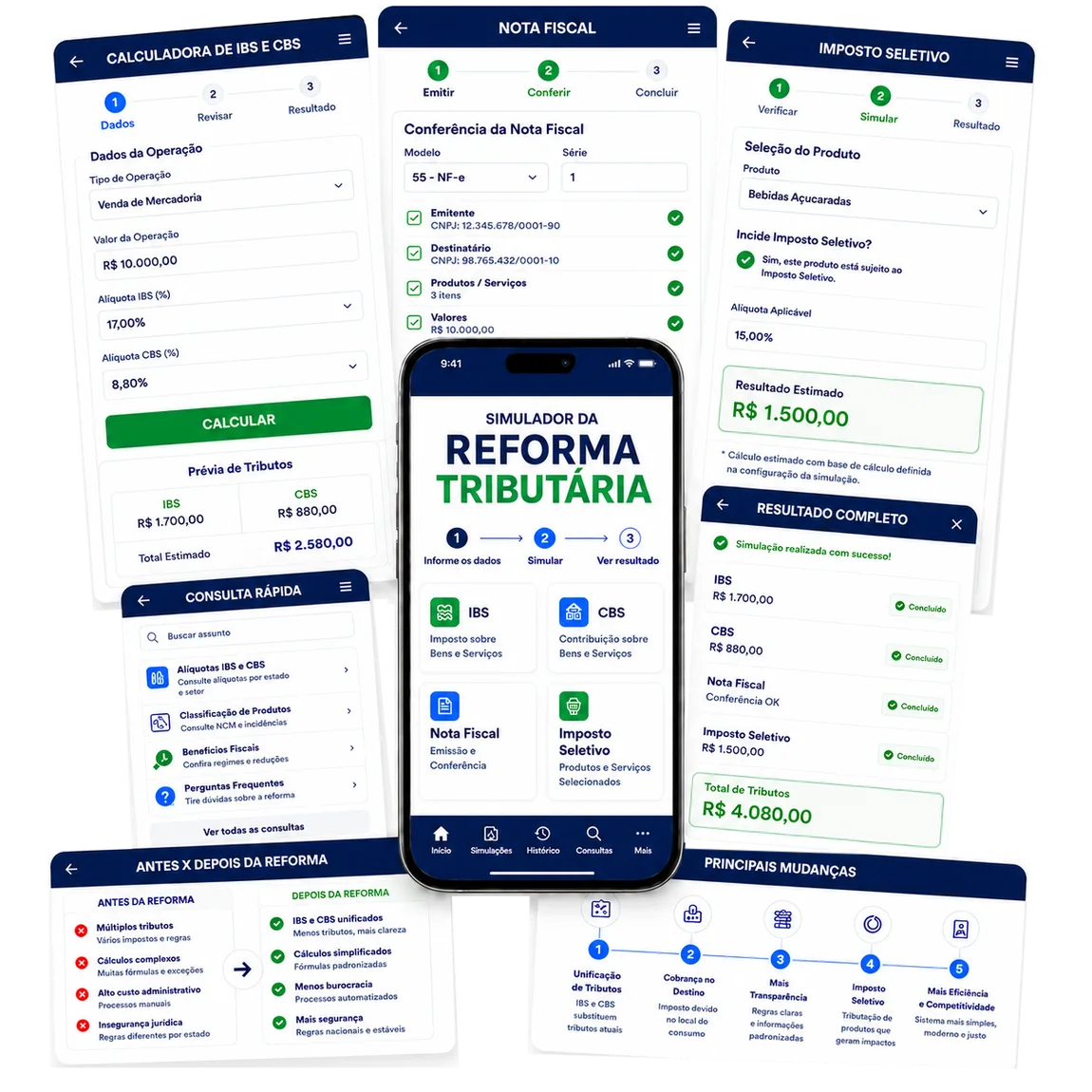 Telas do Simulador da Reforma Tributária mostrando IBS, CBS, Nota Fiscal, Imposto Seletivo e o resultado da operação
